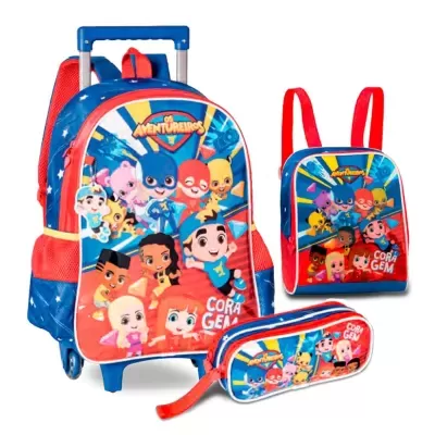 Conjunto colorido de mochila com rodas, mochila pequena e estojo com imagens dos Aventuriers