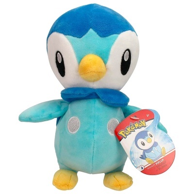 Pelúcia Pokémon Piplup azul com etiquetas coloridas