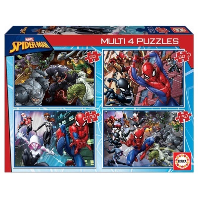 Caixa de puzzle Spider-Man com 4 puzzles diferentes em várias cenas