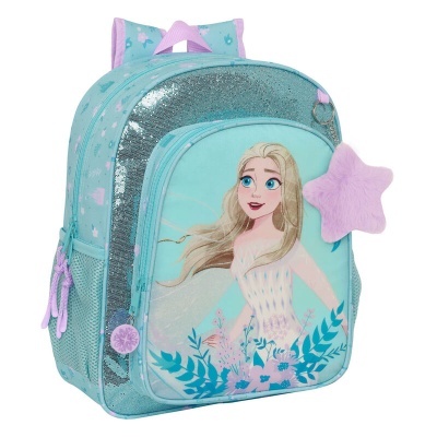 Mochila azul clara com personagem animada de rapariga loira e pendente de estrela lilás