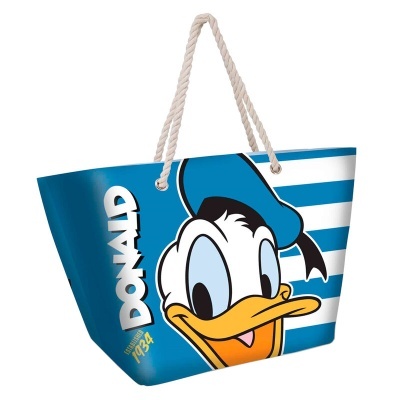 Saco de praia azul com riscas brancas e rosto do personagem Donald Duck