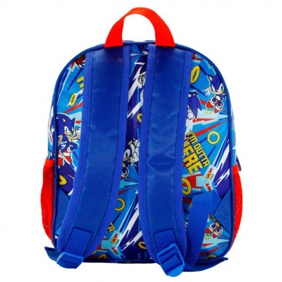 Mochila infantil azul com padrão de Sonic e anéis amarelos