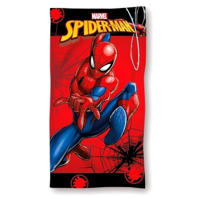 Toalha com estampa do Spider-Man em vermelho, azul e preto com texto Marvel Spider-Man