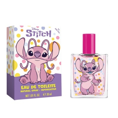 Eau de toilette Disney Stitch frasco transparente com tampa rosa e caixa colorida