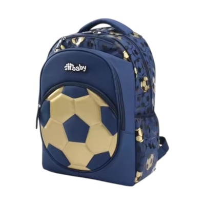 Mochila azul com design de bola de futebol dourada e azul