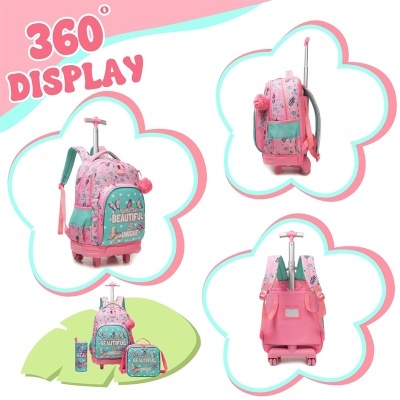 Mochila escolar rosa com rodinhas e estampado floral mostrada em várias vistas, incluindo acessórios