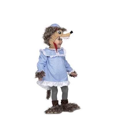 Fato de lobo para criança com vestido azul xadrez e detalhes em pêlo castanho.