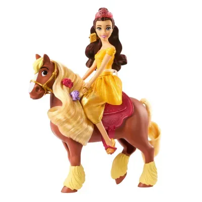 Boneca princesa amarela montada em cavalo castanho de brinquedo