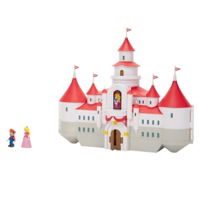 Castelo de brinquedo com telhados vermelhos e miniaturas de Mario e Princesa Peach