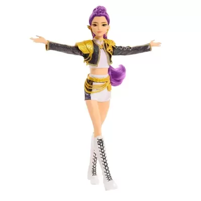 Boneca com roupa preta, dourada e branca com cabelo roxo