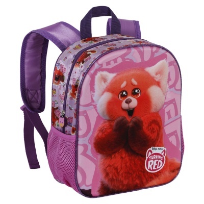 Mochila infantil rosa e roxa com personagem Turning Red da Disney Pixar
