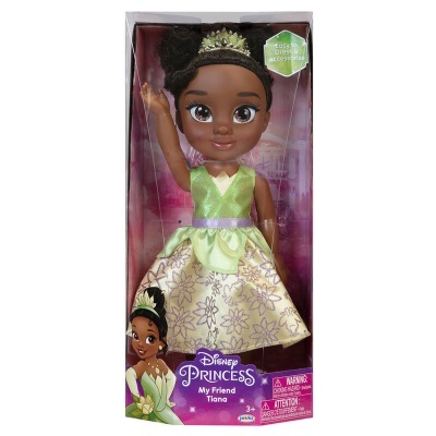 Boneca Disney Princess My Friend Tiana com vestido verde e tiara na embalagem
