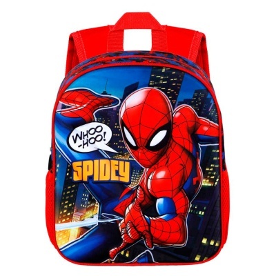 Mochila infantil vermelha com estampa do Homem-Aranha e texto 'WHOOP HOO!' e 'SPIDEY'