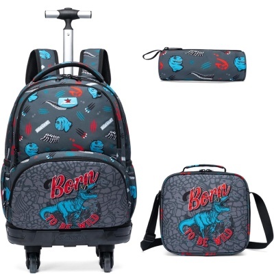 Conjunto de mochila com rodas, lancheira e estojo com padrão de dinossauros e texto Born To Be Wild