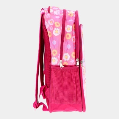 Mochila rosa com flores e bolso lateral em rede