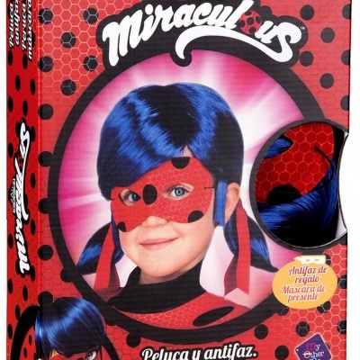 Caixa de peruca azul e máscara vermelha com bolinhas pretas Miraculous