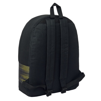 Mochila preta com alças ajustáveis e padrão lateral amarelo e preto