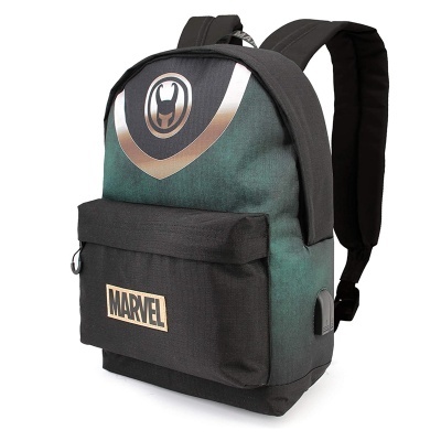 Mochila preta e verde com símbolo de Loki e logótipo MARVEL