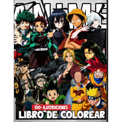 Capa colorida de livro de colorir com personagens de anime e texto em espanhol