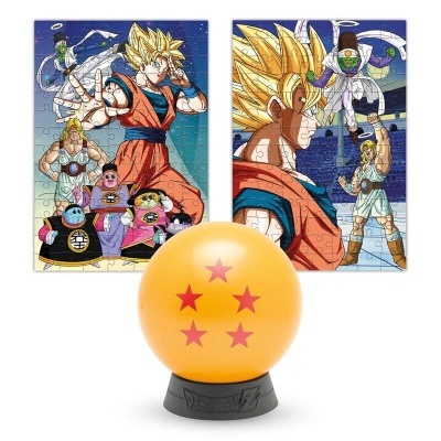 Dois puzzles coloridos Dragon Ball Z e bola laranja com cinco estrelas vermelhas