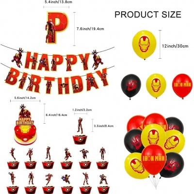 Conjunto de festa do Homem de Ferro com banner, balões coloridos e decorações para bolos
