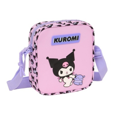 Bolsa pequena rosa Kuromi com alça lilás e estampa de personagem Kuromi