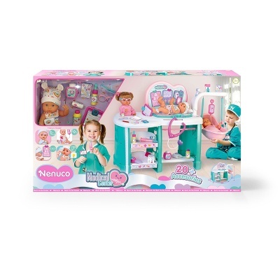 Brinquedo Nenuco Medical Kit com acessórios e boneco bebé em embalagem rosa e turquesa