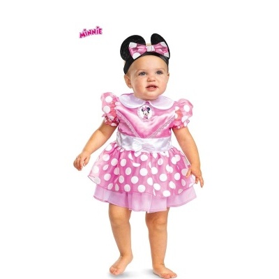Bebé com fantasia rosa de Minnie Mouse com pontos brancos e faixa preta com orelhas e laço