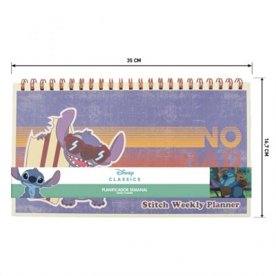 Planificador semanal Disney Stitch com capa roxa e laranja e espiral cobre