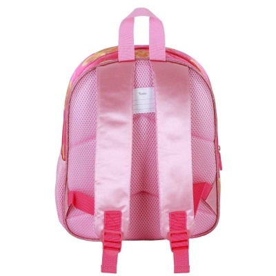 Mochila rosa de criança vista de trás com alças almofadadas e etiqueta para nome