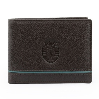 Carteira de pele castanha com brasão S.C.P. embossado