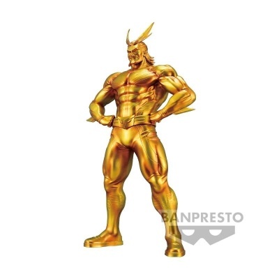 Figura dourada de personagem musculado com antenas e logo BANPRESTO