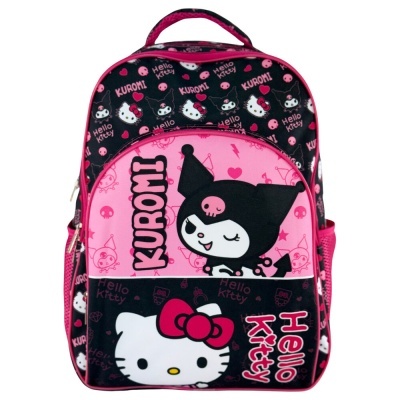 Mochila infantil rosa e preta com personagens Kuromi e Hello Kitty