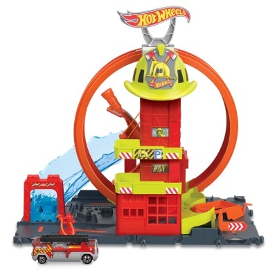 Brinquedo Hot Wheels de pista temática de bombeiros com carro de bombeiros vermelho.