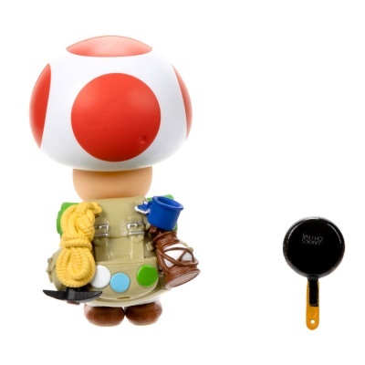 Figura de cogumelo do Super Mario com roupa de explorador e frigideira preta