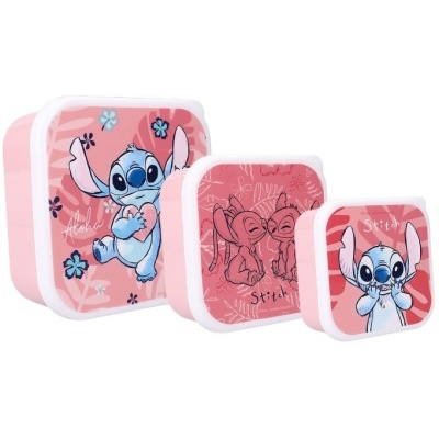 conjunto de caixas quadradas de plástico com personagens Stitch em tons rosa e azul