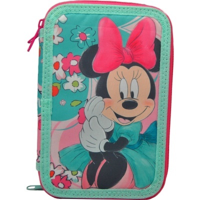 Estojo escolar Minnie Mouse azul com fecho vermelho e padrão floral