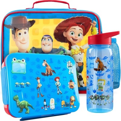 Conjunto mochila, lancheira e garrafa Toy Story com personagens coloridos