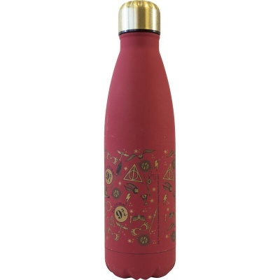 Garrafa térmica vermelha com tampa dourada e decoração dourada