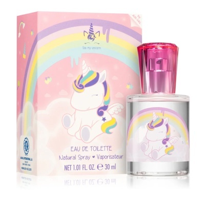 Frasco e caixa de eau de toilette com desenho de unicórnio e arco-íris