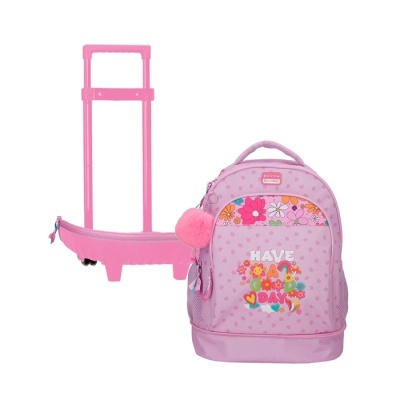 Mochila rosa com flores e texto HAVE A NICE DAY com estrutura de rodas cor-de-rosa