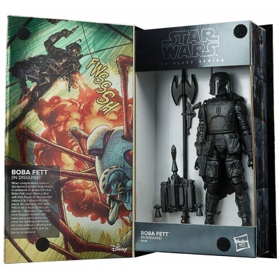 Figura de ação Boba Fett Star Wars com acessórios e arte de BD na embalagem aberta.