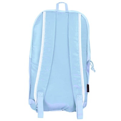 Mochila azul clara vista de trás com alças ajustáveis