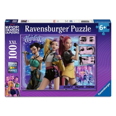 Caixa de puzzle Ravensburger K-POP DEMON HUNTERS com 100 peças e personagens coloridas