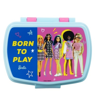 Caixa de plástico com bonecas Barbie e texto BORN TO PLAY