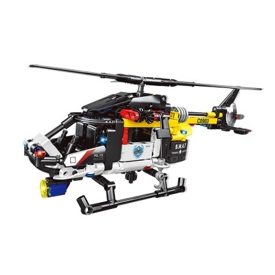 Helicóptero de brinquedo tipo bloco de construção com cores preta, branca, amarela e vermelha