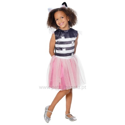 Fantasia de gato preto e branca com saia de tule rosa e branco e orelhas de gato