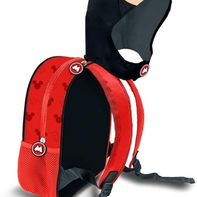 Mochila infantil Mickey Mouse vermelha e preta com capuz e alças acolchoadas