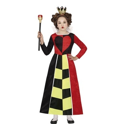 Criança vestida de rainha com vestido multicolorido e acessórios de coroa e cetro.