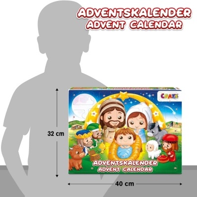 Calendário do Advento com desenhos natalícios e texto em alemão e inglês